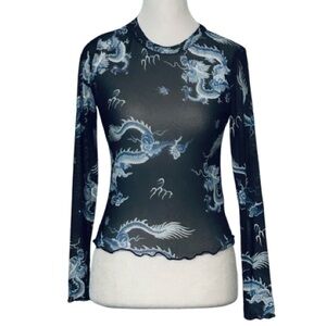 Mesh Dragon Rock Rose Couture Black Sheer Mesh Illusion Print Top Shirt Small